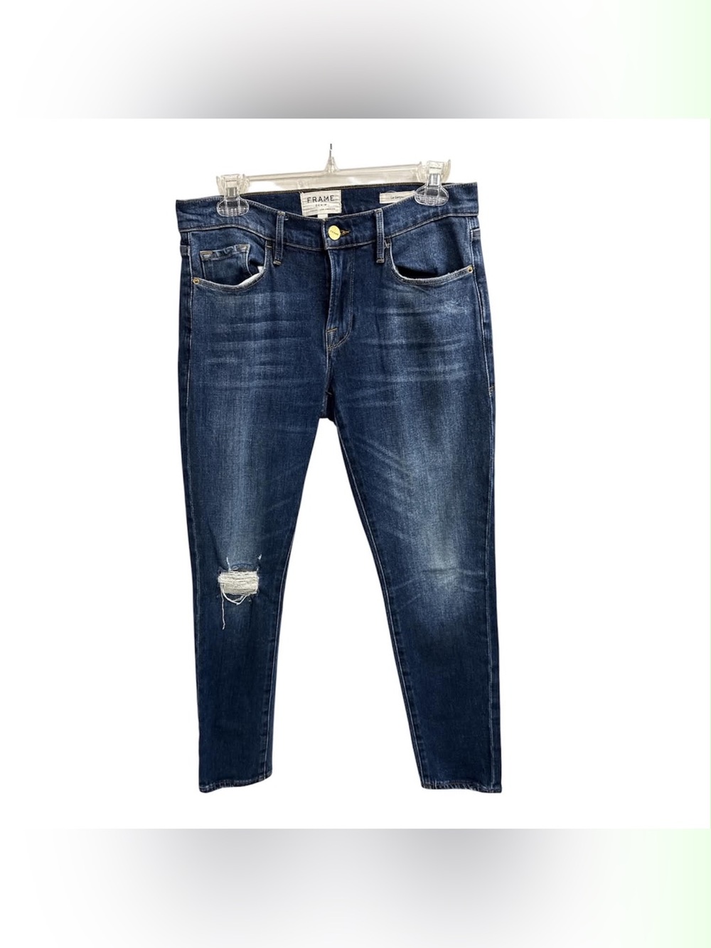 Frame Denim Skinny Jeans in Dark Indigo with Knee Distress Size S